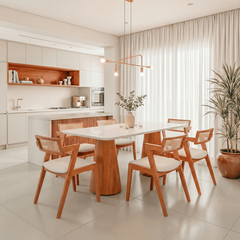 Conjunto Mesa Fortaleza com 6 Cadeiras Madeira Maciça, Rattan 100% Natural e Estofada Verona Off Whi