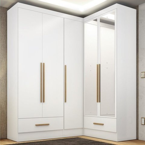 Quarto Modulado de Canto 100% MDF 3 Peças 5 Portas 2 Gavetas com Espelhos Smart Plus Espresso Móveis Branco