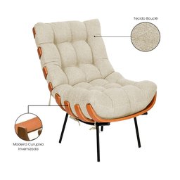 Poltrona e Puff Costela com Base Metálica Preta no Bouclê Bege - Belliv Decor - 4