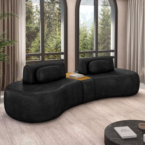 Sofá Sala de Estar Modulado França 325cm com Encosto Articulável Mesa Central e Almofadas Pu Preto G