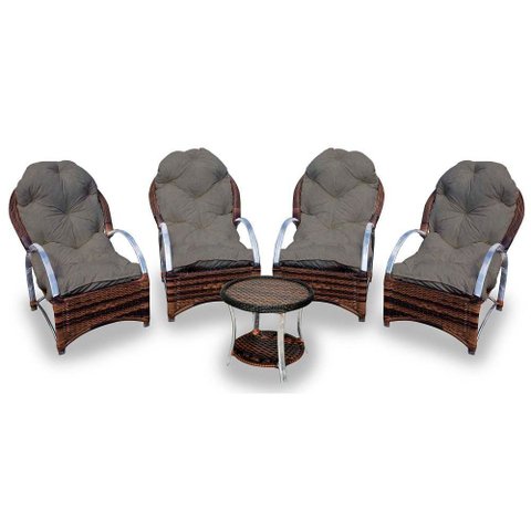 Conjunto de Poltronas Fibra Sintética Pequim Alumínio - 4 Poltronas + 1 Mesa Centro - Tecido Duna 2