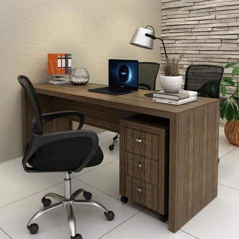 Conjunto 2 Peças com Escrivaninha Mesa Escritório ME4185 e Gaveteiro ME4108 180cm Nogal Marrom