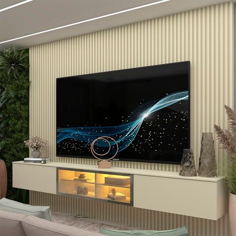 Estante para TV e Home Theater até 84 Polegadas com 100% MDF 218cmx250cm Led Supremo Luminare Bege Off White