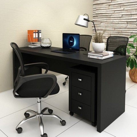 Conjunto 2 Peças com Escrivaninha Mesa Escritório ME4185 e Gaveteiro ME4108 180cm Preto