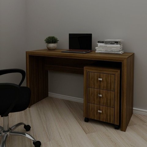 Conjunto 1 Mesa para Escritório 1 Gaveteiro 127cm Nogal Marrom