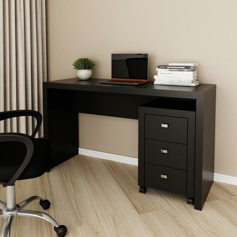 Conjunto 2 Peças com Escrivaninha Mesa Escritório ME4135 e Gaveteiro ME4108 127cm Preto