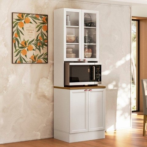 Paneleiro Duplo Americano com Nicho para Micro-Ondas com Vidro 4 Portas 213x70cm Unna Yescasa Branco