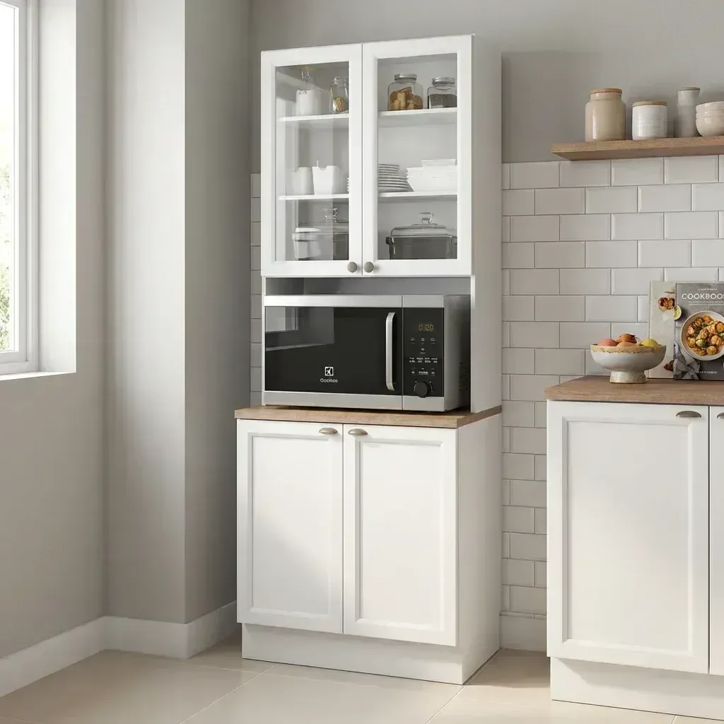 Paneleiro Duplo Americano com Nicho para Micro-Ondas com Vidro 4 Portas 213x70cm Unna Yescasa Branco