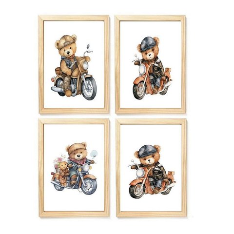 Kit Quadro Urso Ciclista Decorativo Quarto Criança Bebê Enxoval Menino