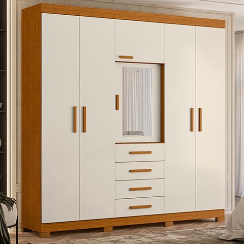Guarda Roupa Casal com Espelho 6 Portas 4 Gavetas Virtus Off White/Cinamomo