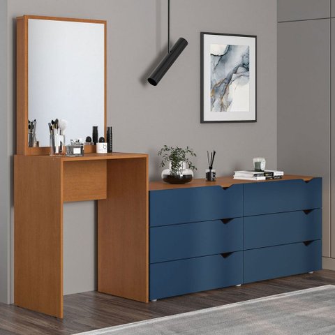 Cômoda Porto 6 Gavetas com Espelho Azul/freijó - Politorno