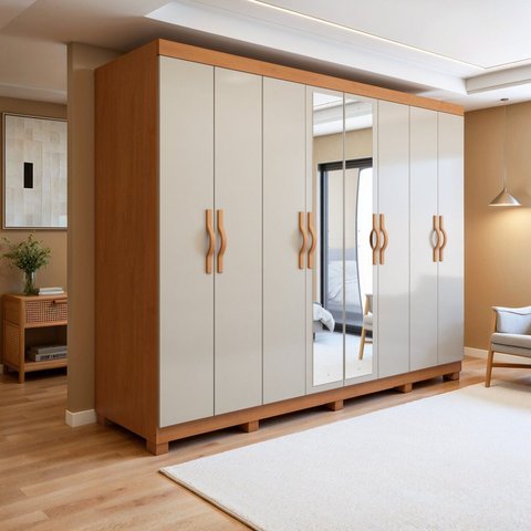 Guarda-Roupa Casal 8 Portas 6 Gavetas com Espelho e Pés MDF 236cm Serenata Marrom Amêndoa Clean/Off White