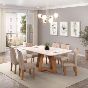 Conjunto Sala de Jantar Mesa Tampo de Vidro com 6 Cadeiras Ayla