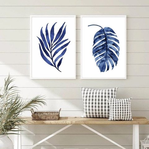 Conjunto 2 Quadros Minimalistas Folhas Azuis aquarela 24x18cm - com Vidro:madeira Preta