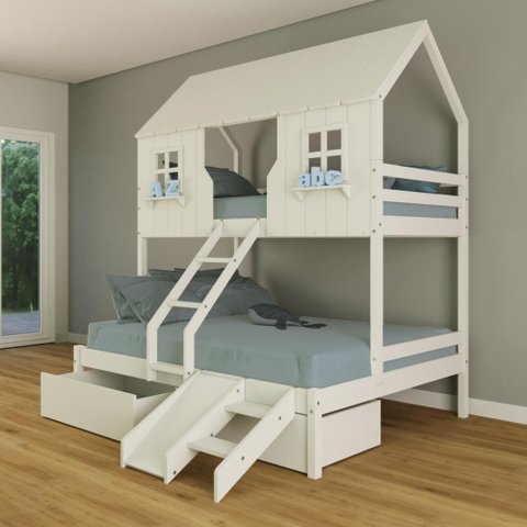 Beliche Casal/ Solteiro Casinha Encantada com 02 Gavetas Kit Escada/ Escorregador Madeira Maciça