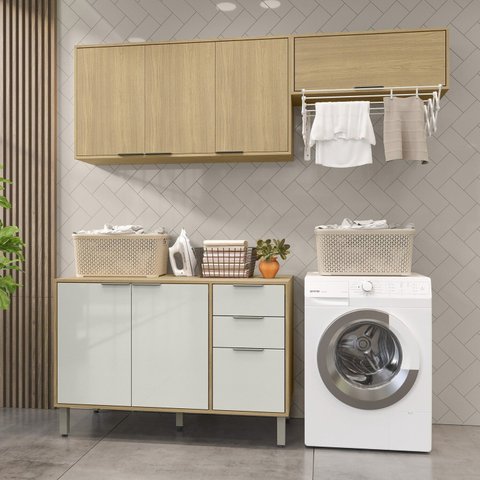 Lavanderia Modulada com 2 Armários Aereos e 1 Balcão com Tampo Glória