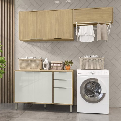 Lavanderia Modulada com 2 Armários Aereos e 1 Balcão com Tampo Glória Bege/Castanho/Off White