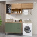 Ver imagem 1 de Lavanderia Modulada com 2 Aéreos e 1 Balcão com Tampo 100% MDF Marrom/Freijó/Jade