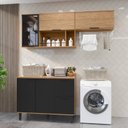 Ver imagem 1 de Lavanderia Modulada com 2 Aéreos e 1 Balcão com Tampo 100% MDF Marrom/Freijó/Nero