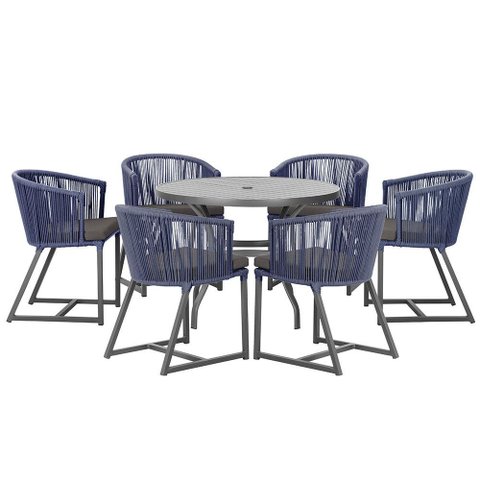 Mesa com 6 Cadeiras de Jantar Roma 120cm e Noronha em Alumínio Preto Corda Náutica Estofado 11 Trama