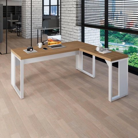 Mesa em L Escritório Home Industrial MDP 170cm Macadâmia com Branco F5 Office