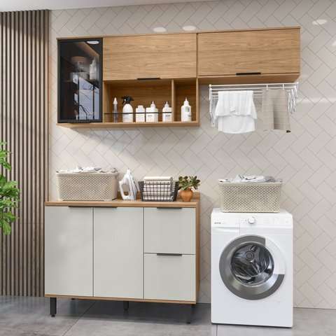 Lavanderia Modulada com 2 Aéreos e 1 Balcão com Tampo 100% MDF Marrom/Freijó/Off White