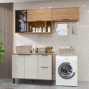 Ver imagem 1 de Lavanderia Modulada com 2 Aéreos e 1 Balcão com Tampo 100% MDF Marrom/Freijó/Off White