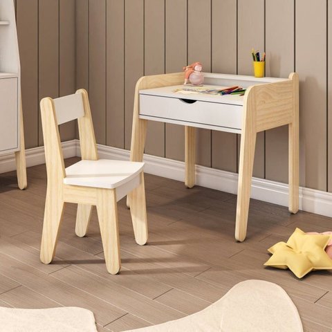 Conjunto Mesa e Cadeira Infantil Corujinha Casatema MadeiraOriginals Branco/Marrom