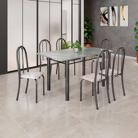 Conjunto de Mesa Tubular 140cm x 75cm Tampo em Granito Topázio com 6 Cadeiras Iris B Prata/Bege