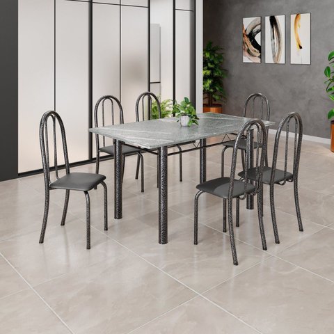 Conjunto de Mesa Tubular 140cm x 75cm Tampo em Granito Topázio com 6 Cadeiras Iris Prata/Preto