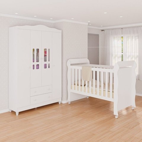 Conjunto Quarto Infantil 1 Berço Mini Cama Mirelle 1 Guarda-Roupa de Bebê 4 Portas e 2 Gavetas Ariel Branco