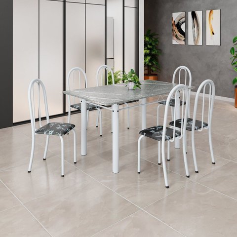 Conjunto de Mesa Tubular 140cm x 75cm Tampo em Granito Topázio com 6 Cadeiras Iris Branco/Preto