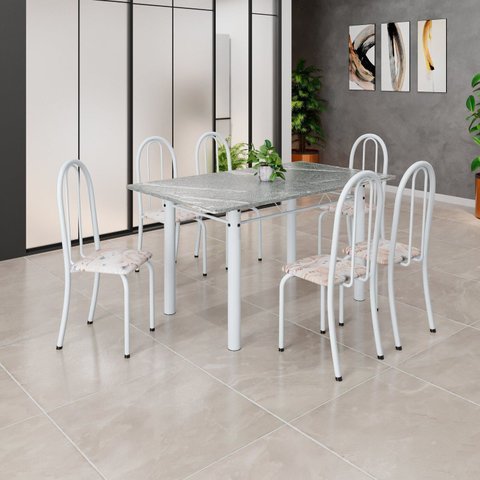 Conjunto de Mesa Tubular 140cm x 75cm Tampo em Granito Topázio com 6 Cadeiras Iris Branco/Bege
