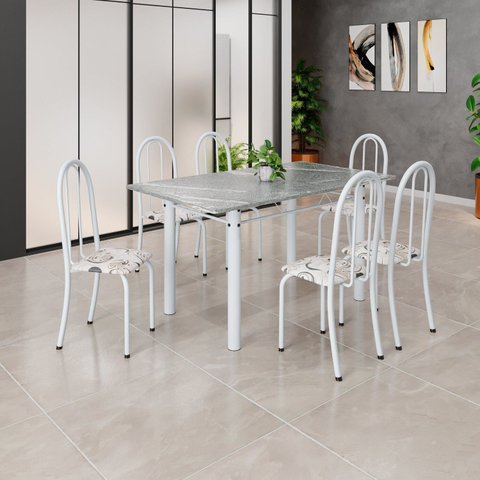 Conjunto de Mesa Tubular 140cm x 75cm Tampo em Granito Topázio com 6 Cadeiras Iris Branco/Arabesco