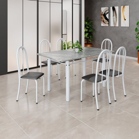 Conjunto de Mesa Tubular 140cm x 75cm Tampo em Granito Topázio com 6 Cadeiras Iris Branco/Preto