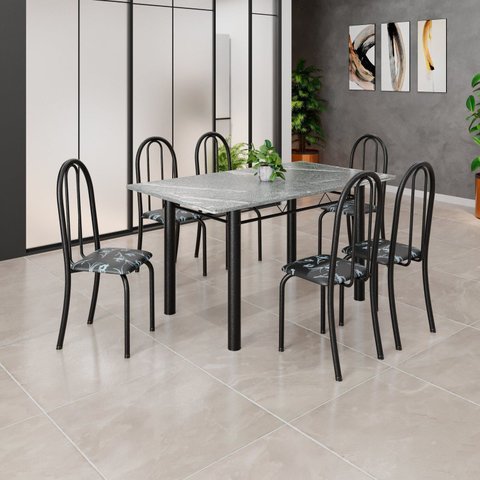 Conjunto de Mesa Tubular 140cm x 75cm Tampo em Granito Topázio com 6 Cadeiras Iris B Preto