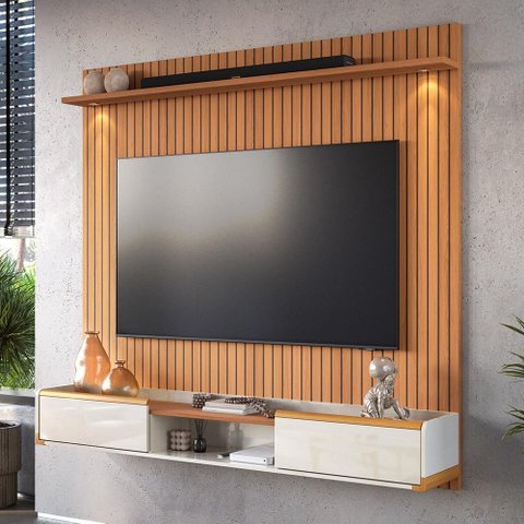 Painel River 1.8 com Led Rack Bancada Atlas 1.8 Lukaliam Móveis Jequitiba Ripado 3d/off White