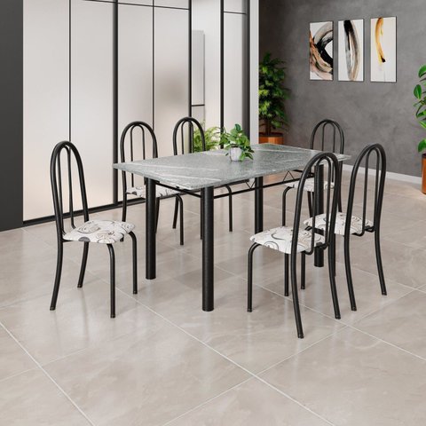 Conjunto de Mesa Tubular 140cm x75 cm Tampo em Granito Topázio com 6 Cadeiras Iris Preto/Arabesco