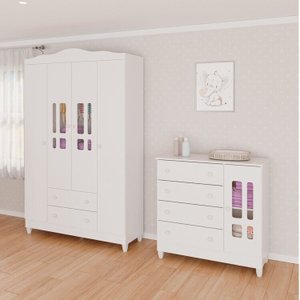 Conjunto de Quarto Infantil 1 Cômoda 4 Gavetas 1 Guarda-roupa de Bebê 4 Portas e 2 Gavetas Ariel