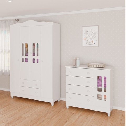 Conjunto de Quarto Infantil 1 Cômoda 4 Gavetas 1 Guarda-Roupa de Bebê 4 Portas e 2 Gavetas Ariel Branco
