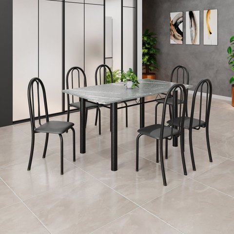 Conjunto de Mesa Tubular 140cm x 75cm Tampo em Granito Topázio com 6 Cadeiras Iris B Preto