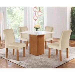 Conjunto de Mesa de Jantar Dakota 90x90cm Tampo de Vidro com 4 Cadeiras Napoles Cel Móveis Cinamomo