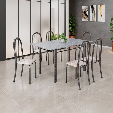 Conjunto de Mesa Tubular 140cm x 75cm Tampo em Granito Ocre com 6 Cadeiras Iris B Prata/Bege