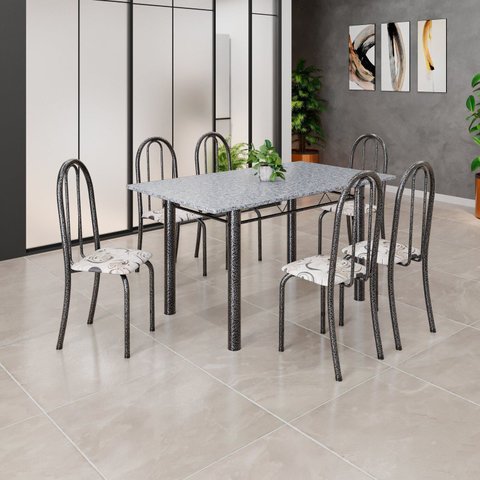 Conjunto de Mesa Tubular 140cm x 75cm Tampo em Granito Ocre com 6 Cadeiras Iris B Prata/Arabesco