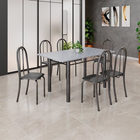 Conjunto de Mesa Tubular 140cm x 75cm Tampo em Granito Ocre com 6 Cadeiras Iris B Prata/Preto