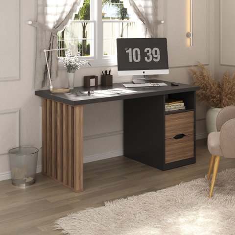 Mesa Escrivaninha para Home Office e Estudos Florence 2 Gavetas 142,2cm Nogal e Preto Marrom Artany