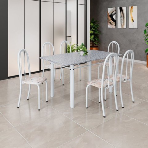 Conjunto de Mesa Tubular 140cm x 75cm Tampo em Granito Ocre com 6 Cadeiras Iris B Branco/Bege