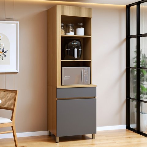Paneleiro Torre Angular 1 Porta 1 Gaveta 65cm 100% MDF Realeza Premium Cinza/Carvalho/Titânio