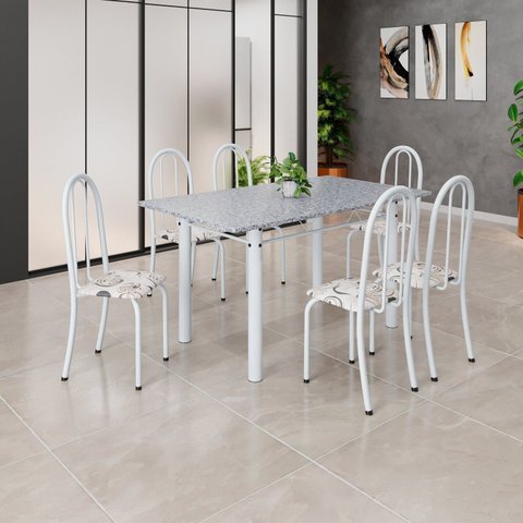 Conjunto de Mesa Tubular 140cm x 75cm Tampo em Granito Ocre com 6 Cadeiras Iris B Branco/Arabesco