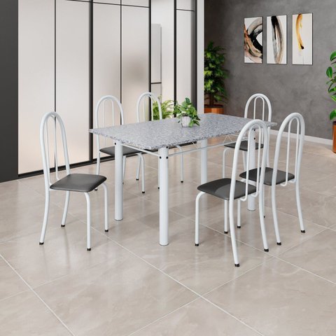 Conjunto de Mesa Tubular 140cm x 75cm Tampo em Granito Ocre com 6 Cadeiras Iris B Branco/Preto